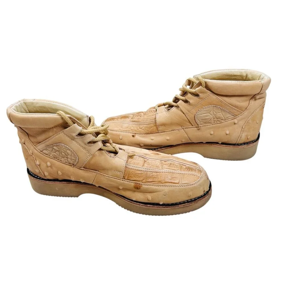 Reyme Caiman Ostrich Embossed Leather Oil Resistant 8 Men Shoes Boots Tan